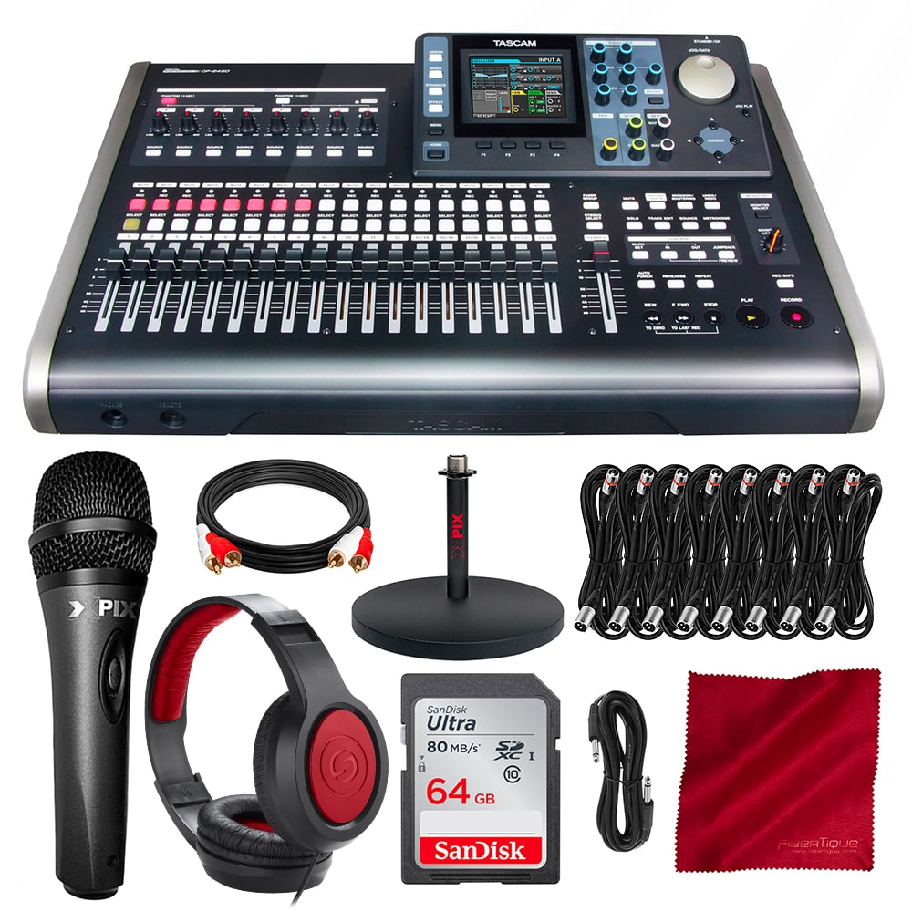 Tascam DP-24SD Digital Portastudio 24-Track SD Card Recorder + 64GB +  Assorted Cables Basic + Headphones Premium Acessories Bundle