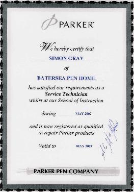 Service technician certification for Parker fountain pen repairs