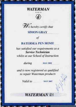 Service technician certification for Waterman fountain pen repairs