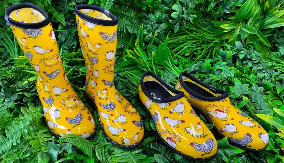 yellow chicken print gumboots and slides