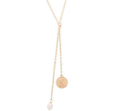 taudrey double initial y chain necklace gold hand stamped coin and pearl