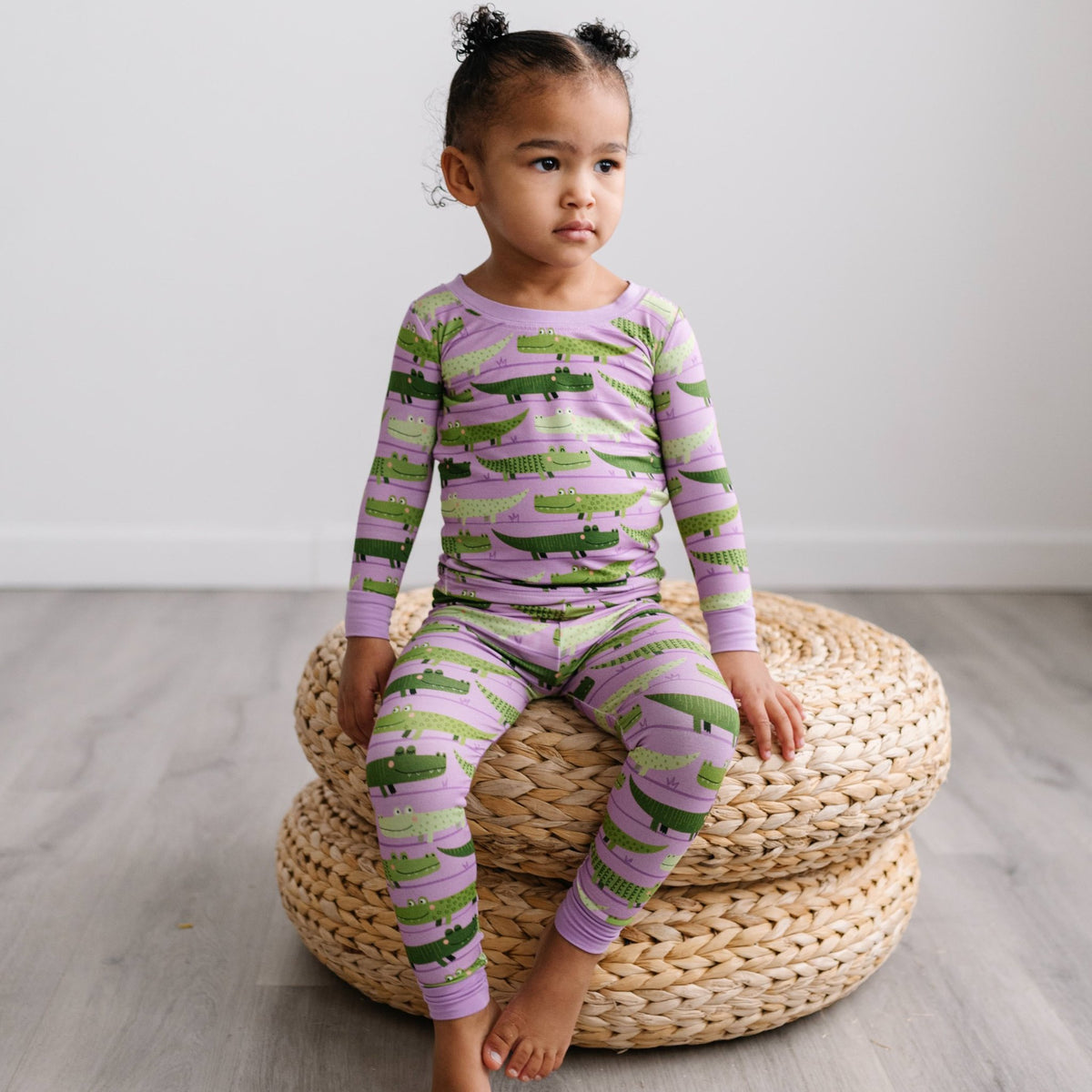 boy and girl matching pajamas, Purple Crocodiles Two-Piece Bamboo Viscose Pajama Set