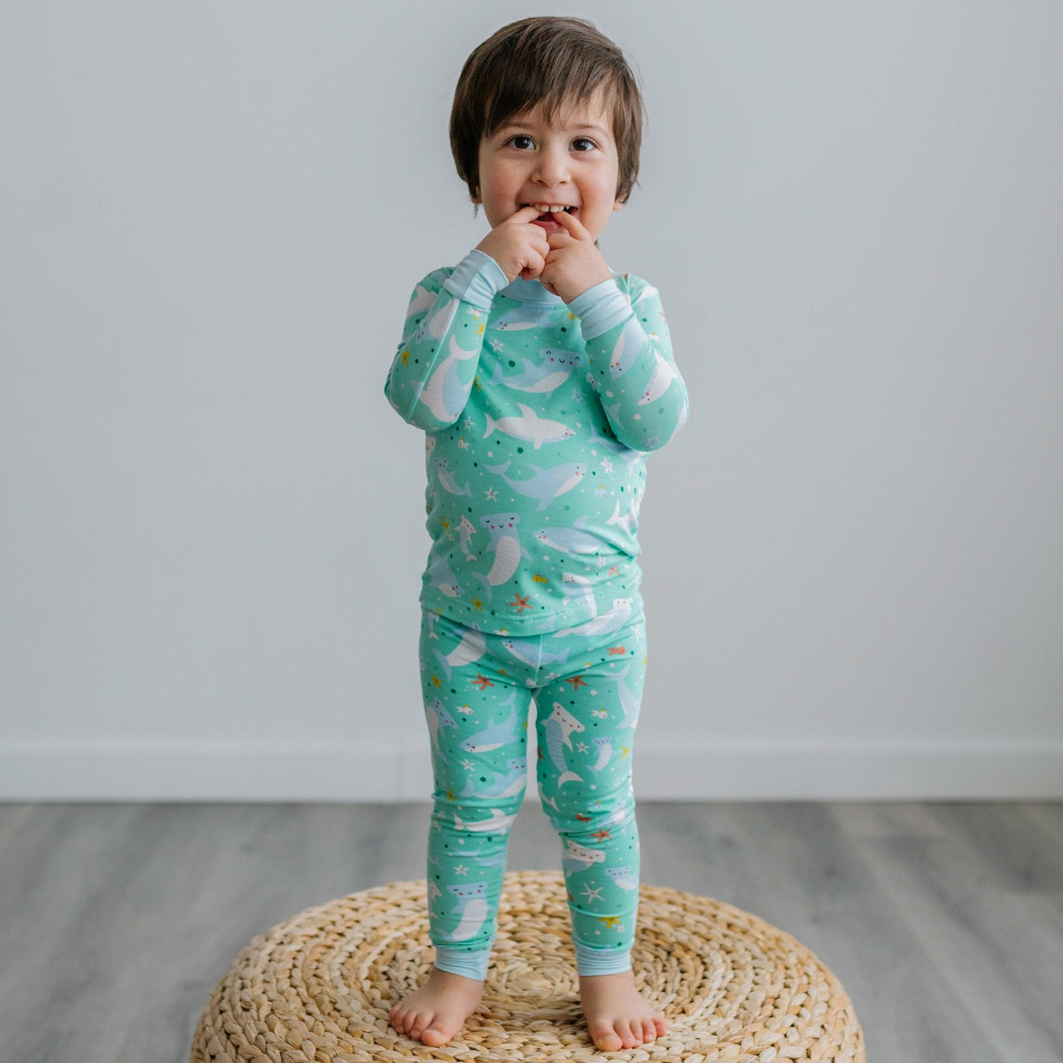 twin girl and boy matching pajamas, Shark Soiree Two-Piece Bamboo Viscose Pajama Set