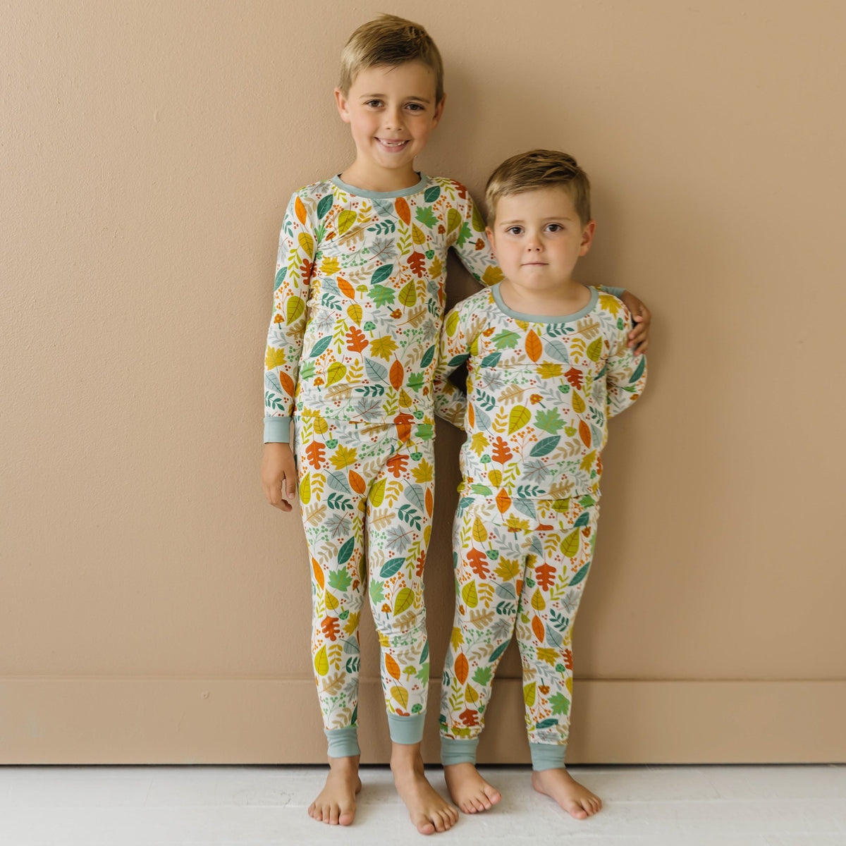 matching pajamas for twins, Warm Taupe Fall Leaves Two-Piece Bamboo Viscose Pajama Set