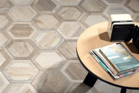 Hexagon King Nut | Inlay | 8" Wood Look Tile