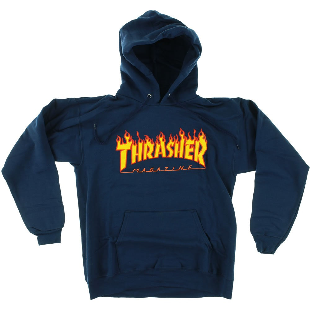 thrasher flame hoodie navy