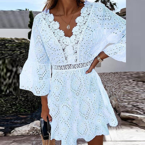 Women Solid V-Neck A-Line Dress Elegant Lace Embroidery Three Quarter Sleeve Dress Autumn Casual Dress Office Lady Dress