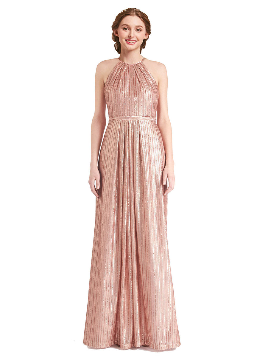 high neck rose gold dress