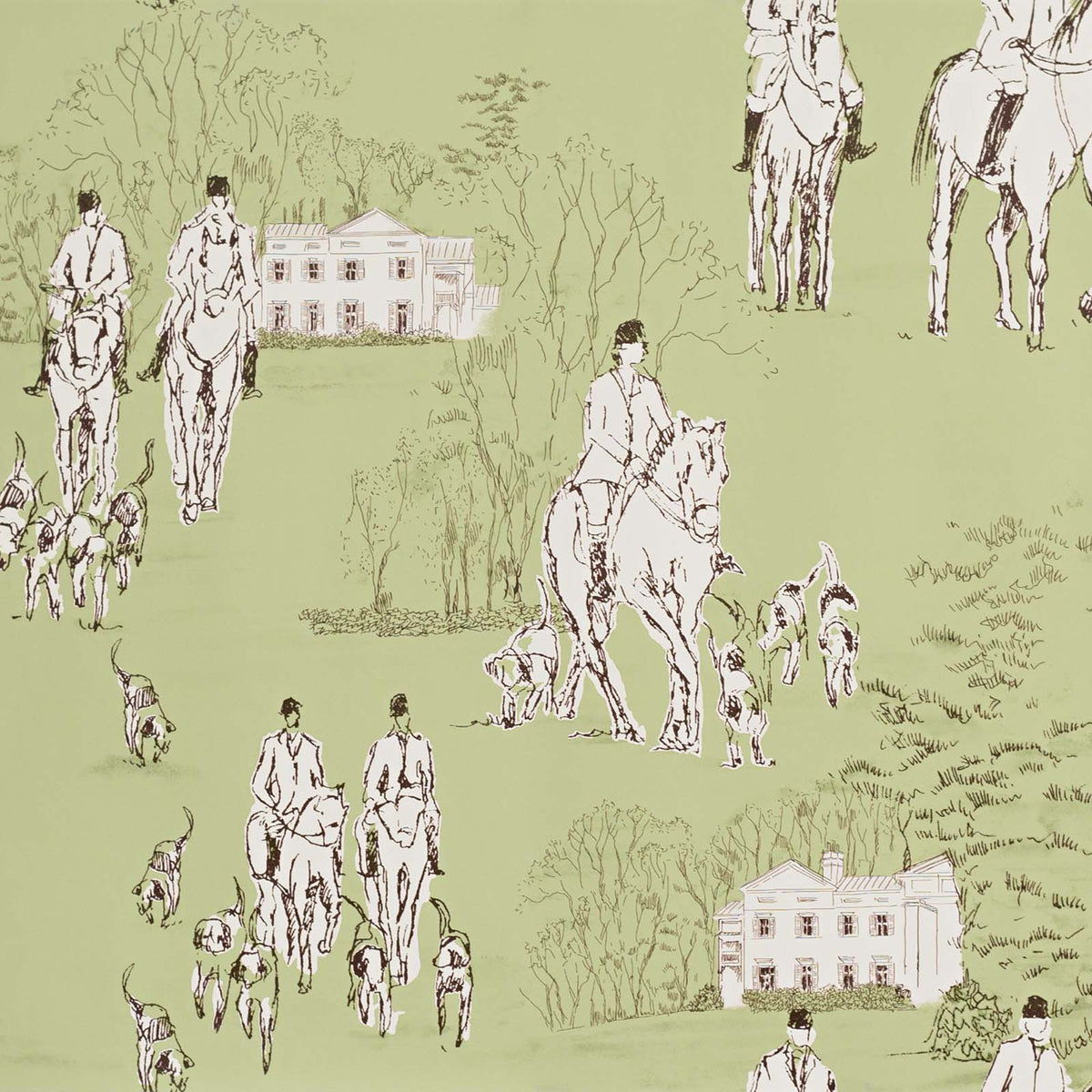Wallquest Horse and Hound Hunting Equestrian Linen Tan Green Designer Wallpaper