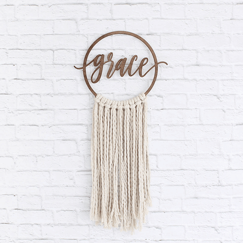 Custom Macrame Hanging with Hoop and Laser Cut Wording by the Duo Studio