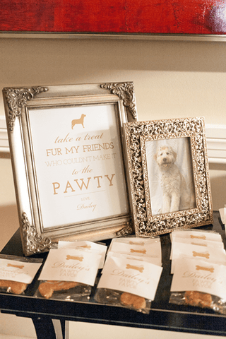 Picture frame with photo of pet dog and dog treat wedding favors