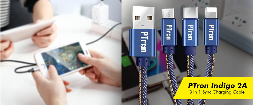 PTron Indigo 2A 3 In 1 Sync Charging Cable Jeans Cloth USB Data Cable For Smartphones 