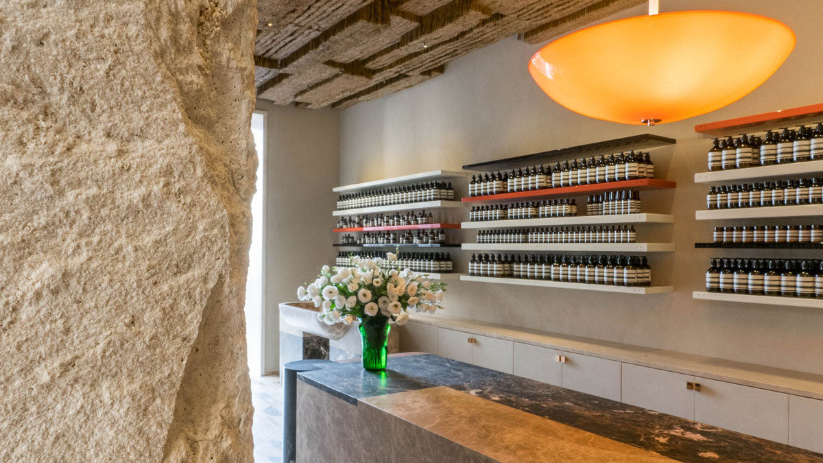Luca Guadagnino (movie director, known for his film Call Me By Your Name) used pink marble, among other details, in the design of the Aesop store in Rome.