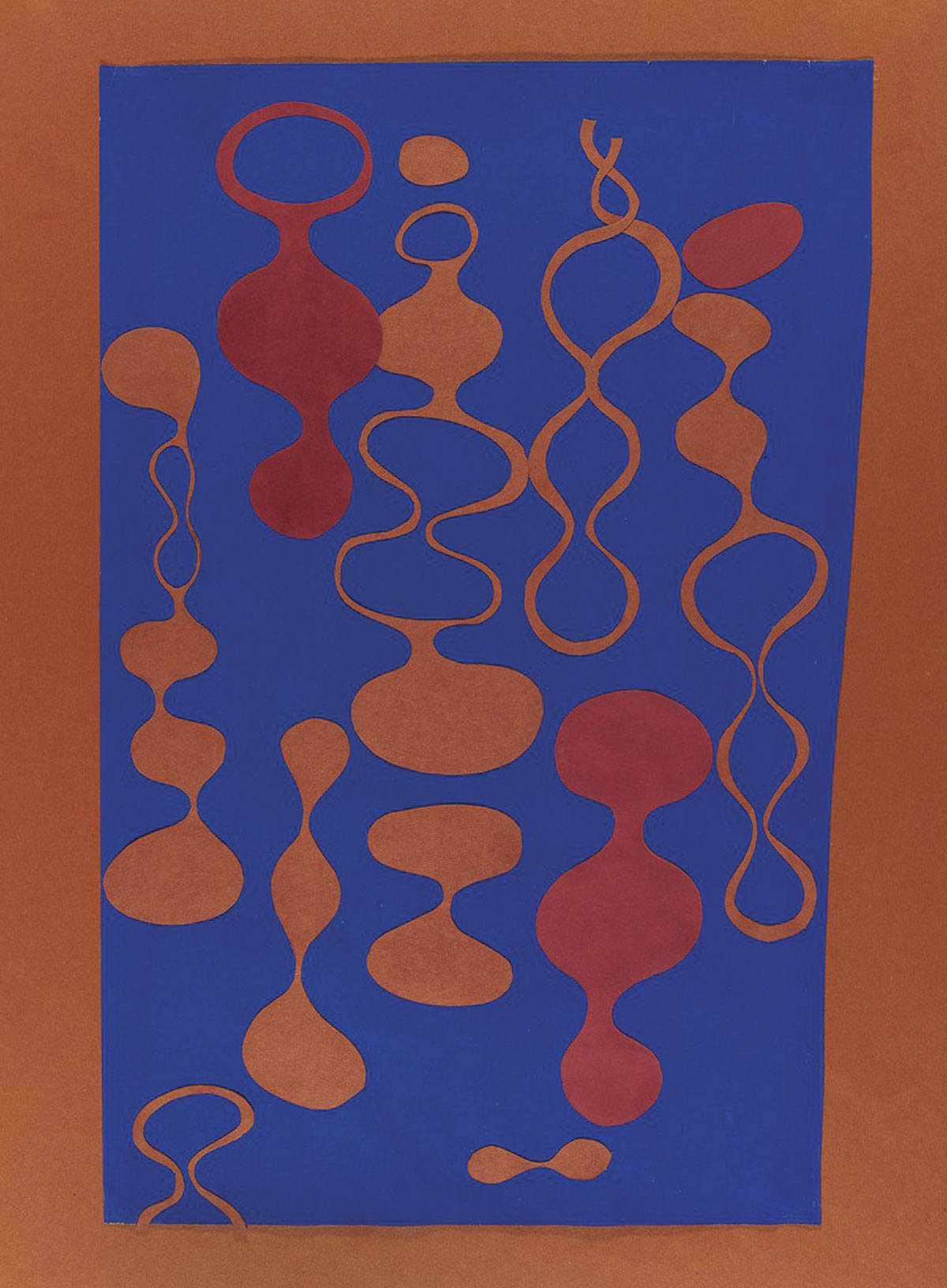 Ruth Asawa, Untitled, 1946-49. Collage, color cut on paper prepared with opaque watercolor on orange smooth paper.