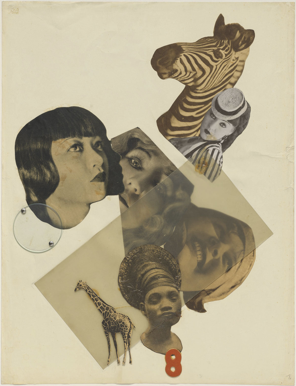 Marianne Brandt, Untitled (with Anna May Wong), 1929. Paper cutout collage and prints and cellulose acetate, glass, metal rivets, and flock printing on paper. 