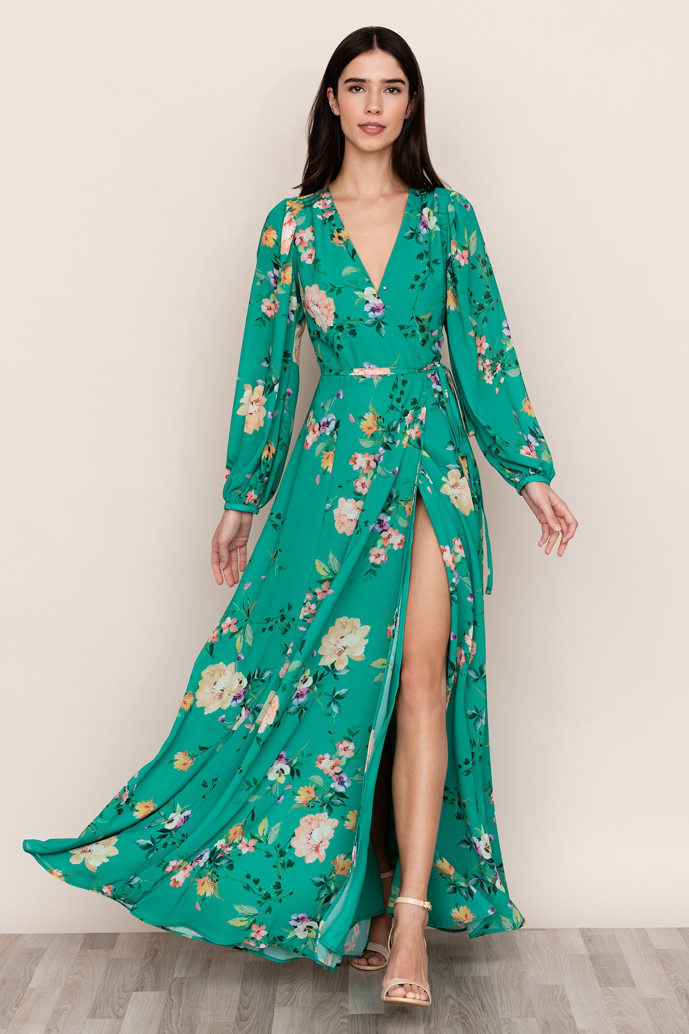 green floral maxi dress with sleeves