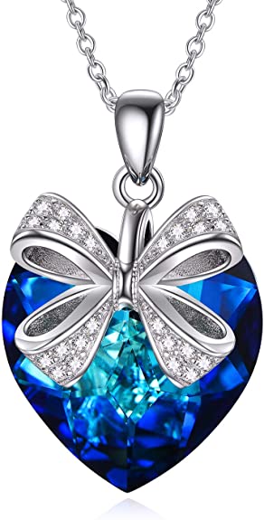 I Love You Jewelry Sterling Silver Bow Heart Necklace for Women, Gorgeous Blue Heart Crystal from Sw I Love You Jewelry Sterling Silver Bow Heart Necklace for Women, Gorgeous Blue Heart Crystal from Sw