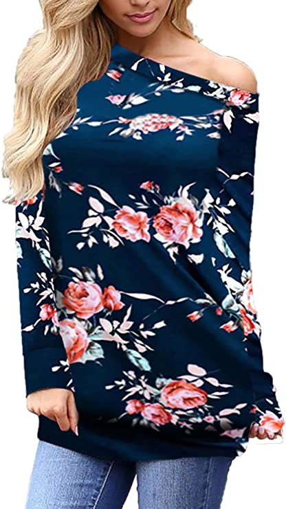Beauhuty Womens Long Sleeve Tops Casual Loose Boat Neck Off Sholder Shirts Floral Printed Tunic Blou Beauhuty Womens Long Sleeve Tops Casual Loose Boat Neck Off Sholder Shirts Floral Printed Tunic Blou