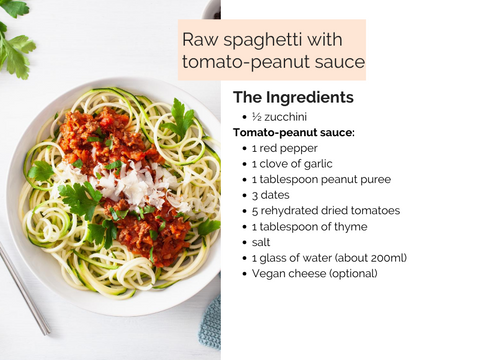 Raw spaghetti with tomato-peanut sauce