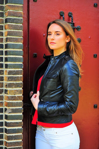 women wearing a black leather jacket