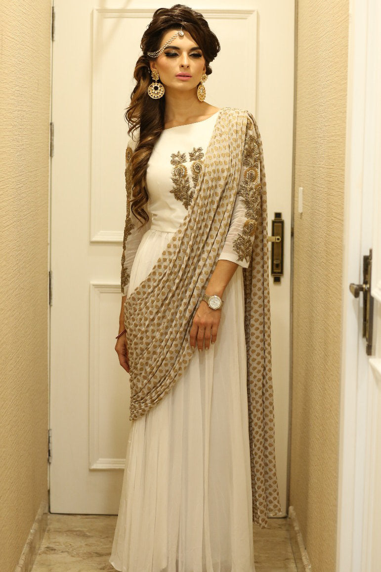 Designer Indo Western Saree /Gown with weaved Dupatta: Perfect Panache