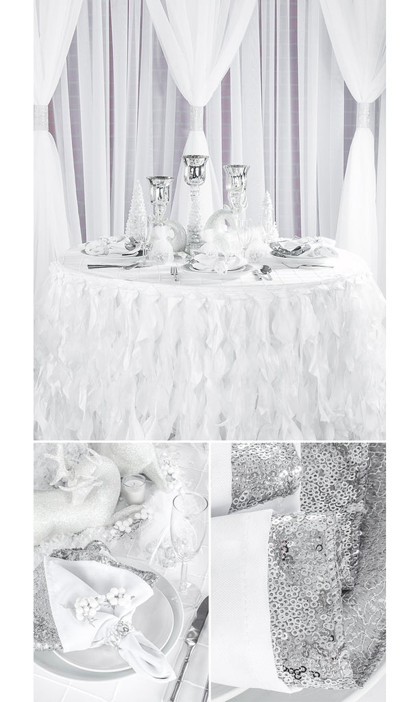 winter wonderland table with curly willow silver glitz sequin napkins sheer drapes silver rhinestone weddng