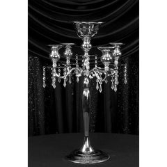 Candelabra Centerpiece with Hanging Crystals – Silver