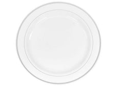 Classic Plastic Plates 10.25″ Large (10/pk) – White/Silver Trim