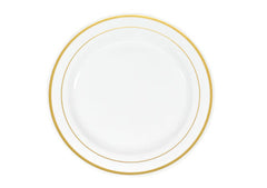Classic Plastic Plates 7.5″ Small (10/pk) – White/Gold Trim
