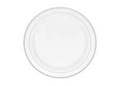 Classic Plastic Plates 7.5″ Small (10/pk) – White/Silver Trim