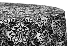 Damask Flocking Taffeta 120" Round Tablecloth - Black & White