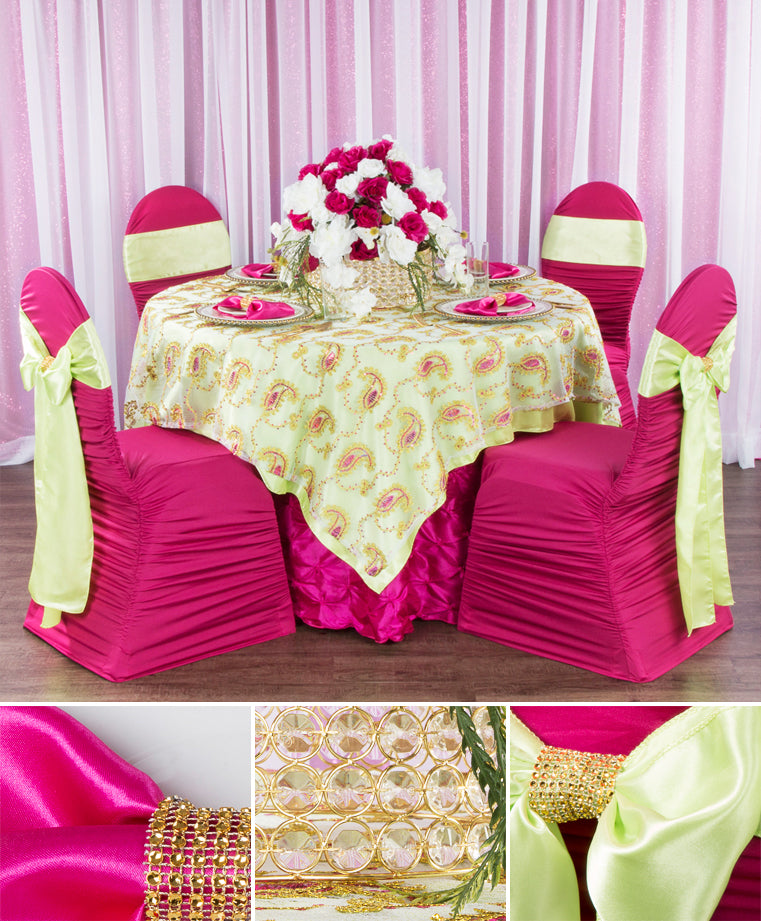 Kid's Party Decor crystal cake stand apple green wedding chair sash fuchsia chair cover spandex gold sequin charger plate sequin backdrop