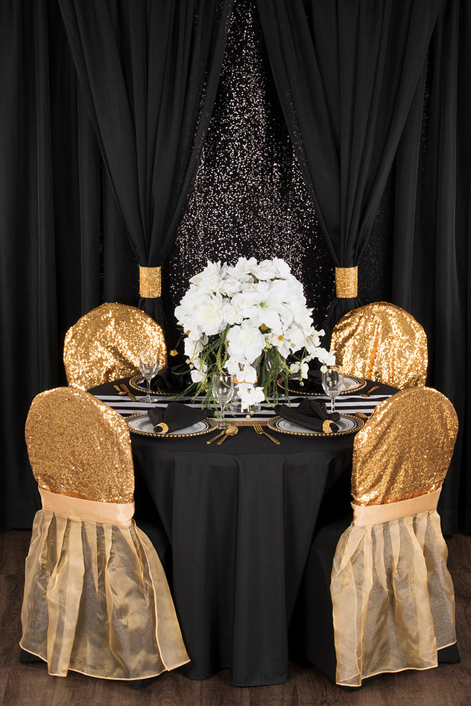 vintage glam wedding with black and gold sequins