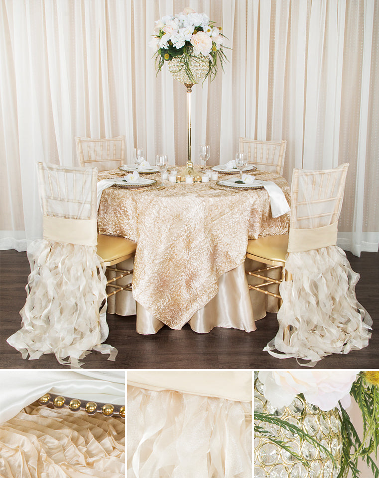 Clearance linen wave satin champagne and ivory tablecloths with gold charger plates
