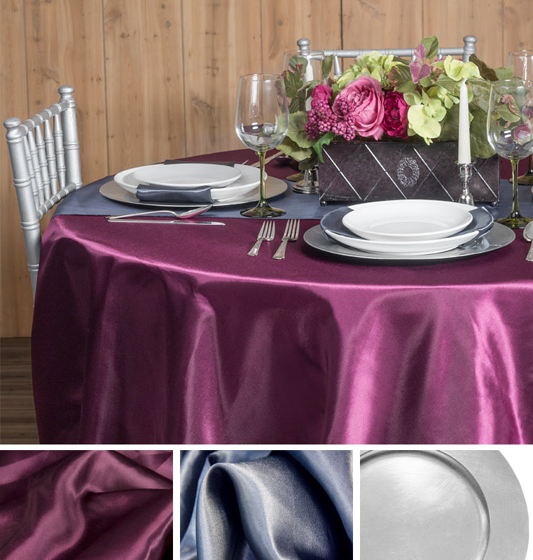 pewter sangria table linens satin tablecloth chair sashes table runner