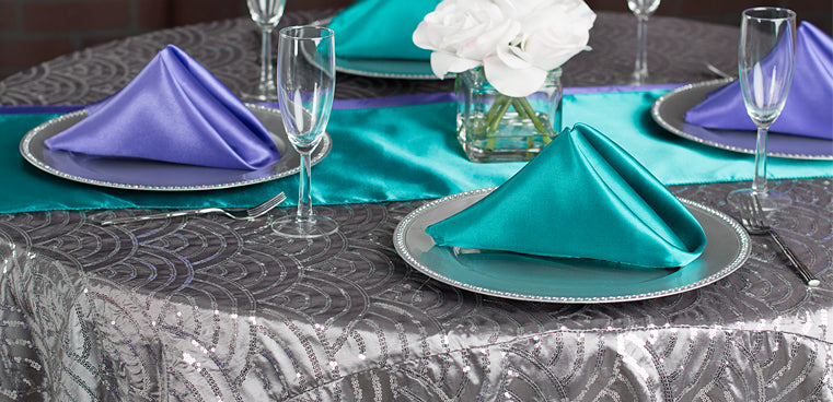 mermaid sequin tablecloth turquoise purple tablescape manzanita tree