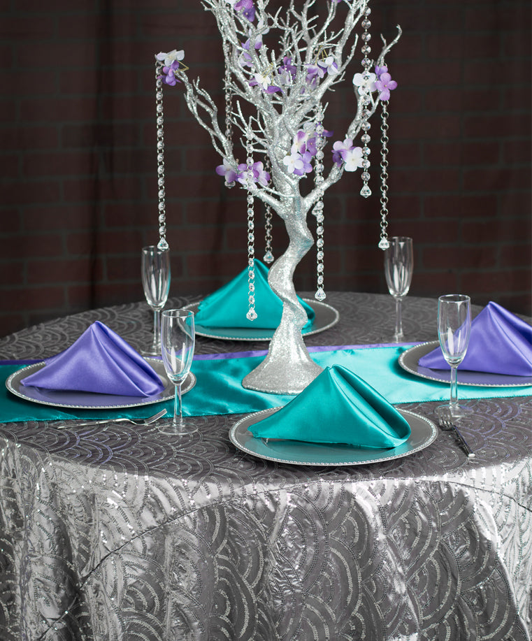 mermaid sequin tablecloth turquoise purple tablescape manzanita tree