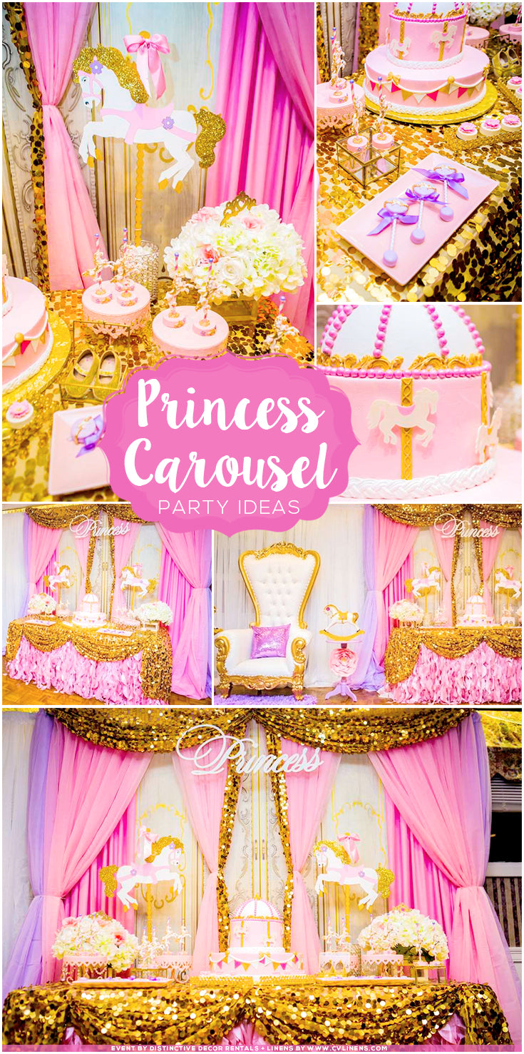 Pinterest Pin Princess Carousel Baby Shower with pink, lavender, and gold sequins