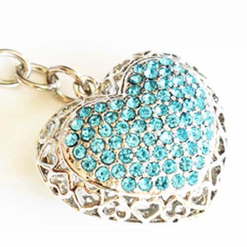 Keychain - Heart Keychain, Silver Tone, Turquoise Rhinestones - Jamagrasha Custom Item