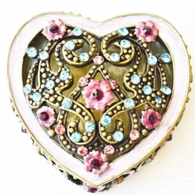 Heart Shaped Vintage Miniature Trinket Box with Hinged Lid Bejeweled Rhinestone 