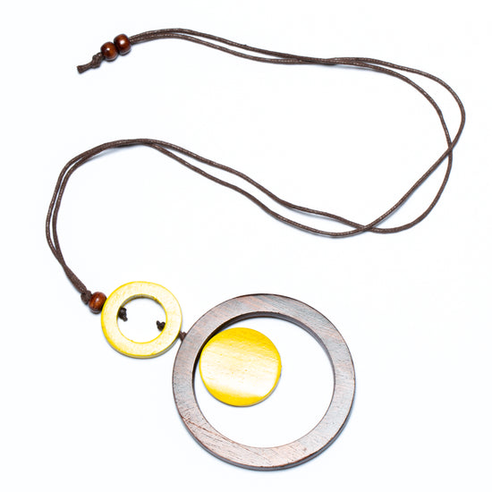 Yellow Wooden Ring and Disc Necklace - chiangmaicctv slow fashion bryn walker linen Hamilton sustainable fashion gifts sari not sari Hamilton Fair trade  Ethical  Artisan made  Zero waste  Up-cycled Slow Fashion  Handmade  GTA Toronto Copper Pure Upcycled vintage silk handmade recycled recycle copper pure silk travel clothing hamilton vacation cruisewear resortwear bathing suit bathingsuit vacation etsy silk clothing gifts gift dress top pants linen bryn walker alive intentions kaarigar elephants