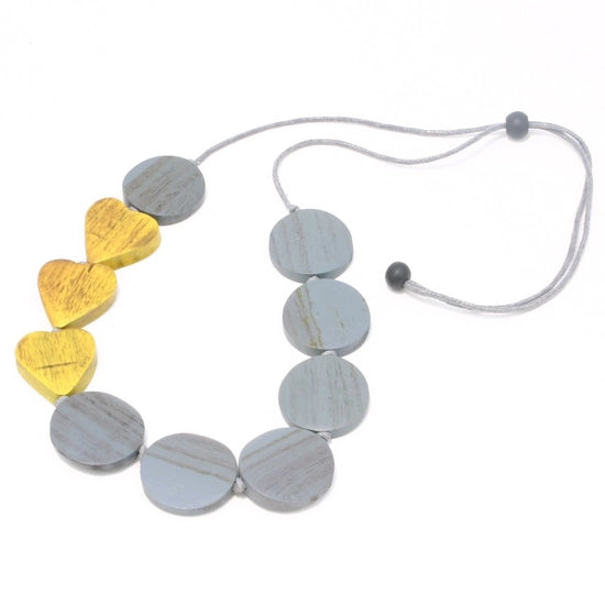 Grey and Yellow Wooden Heart & Disc Necklace - chiangmaicctv slow fashion bryn walker linen Hamilton sustainable fashion gifts sari not sari Hamilton Fair trade  Ethical  Artisan made  Zero waste  Up-cycled Slow Fashion  Handmade  GTA Toronto Copper Pure Upcycled vintage silk handmade recycled recycle copper pure silk travel clothing hamilton vacation cruisewear resortwear bathing suit bathingsuit vacation etsy silk clothing gifts gift dress top pants linen bryn walker alive intentions kaarigar elephants