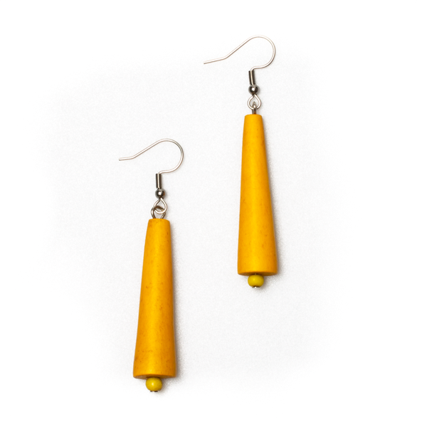 Mustard Wooden Cone Earrings - chiangmaicctv slow fashion bryn walker sorry not sorry linen Hamilton sustainable fashion gifts sari not sari Hamilton Fair trade  Ethical  Artisan made  Zero waste  Up-cycled Slow Fashion  Handmade  GTA Toronto Copper Pure Upcycled vintage silk handmade recycled recycle copper pure silk travel clothing hamilton vacation cruisewear resortwear bathing suit bathingsuit vacation etsy silk clothing gifts gift dress top pants linen bryn walker alive intentions kaarigar elephants