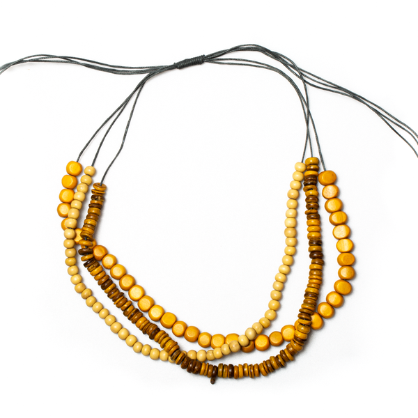 Mustard Triple Strand Mixed Wood Necklace