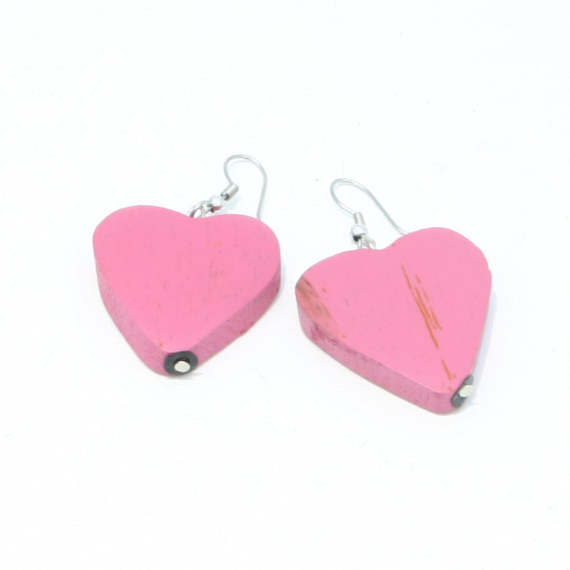 Pink Wooden Heart Earrings - chiangmaicctv slow fashion bryn walker linen Hamilton sustainable fashion gifts sari not sari Hamilton Fair trade  Ethical  Artisan made  Zero waste  Up-cycled Slow Fashion  Handmade  GTA Toronto Copper Pure Upcycled vintage silk handmade recycled recycle copper pure silk travel clothing hamilton vacation cruisewear resortwear bathing suit bathingsuit vacation etsy silk clothing gifts gift dress top pants linen bryn walker alive intentions kaarigar elephants