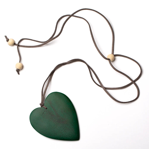 Dark Green Simple Wooden Heart  Necklace - chiangmaicctv slow fashion bryn walker linen Hamilton sustainable fashion gifts sari not sari Hamilton Fair trade  Ethical  Artisan made  Zero waste  Up-cycled Slow Fashion  Handmade  GTA Toronto Copper Pure Upcycled vintage silk handmade recycled recycle copper pure silk travel clothing hamilton vacation cruisewear resortwear bathing suit bathingsuit vacation etsy silk clothing gifts gift dress top pants linen bryn walker alive intentions kaarigar elephants