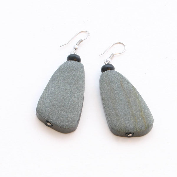 Metallic Grey Oblong Wooden Earrings - chiangmaicctv slow fashion bryn walker linen Hamilton sustainable fashion gifts sari not sari Hamilton Fair trade  Ethical  Artisan made  Zero waste  Up-cycled Slow Fashion  Handmade  GTA Toronto Copper Pure Upcycled vintage silk handmade recycled recycle copper pure silk travel clothing hamilton vacation cruisewear resortwear bathing suit bathingsuit vacation etsy silk clothing gifts gift dress top pants linen bryn walker alive intentions kaarigar elephants