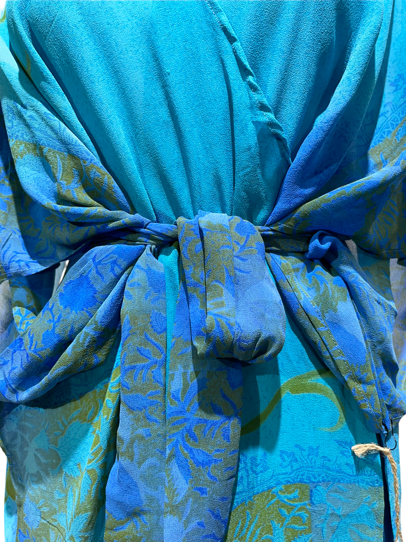 PRG2121 Greyish Miner Sheer Long Pure Silk Kimono-Sleeved Duster with Belt