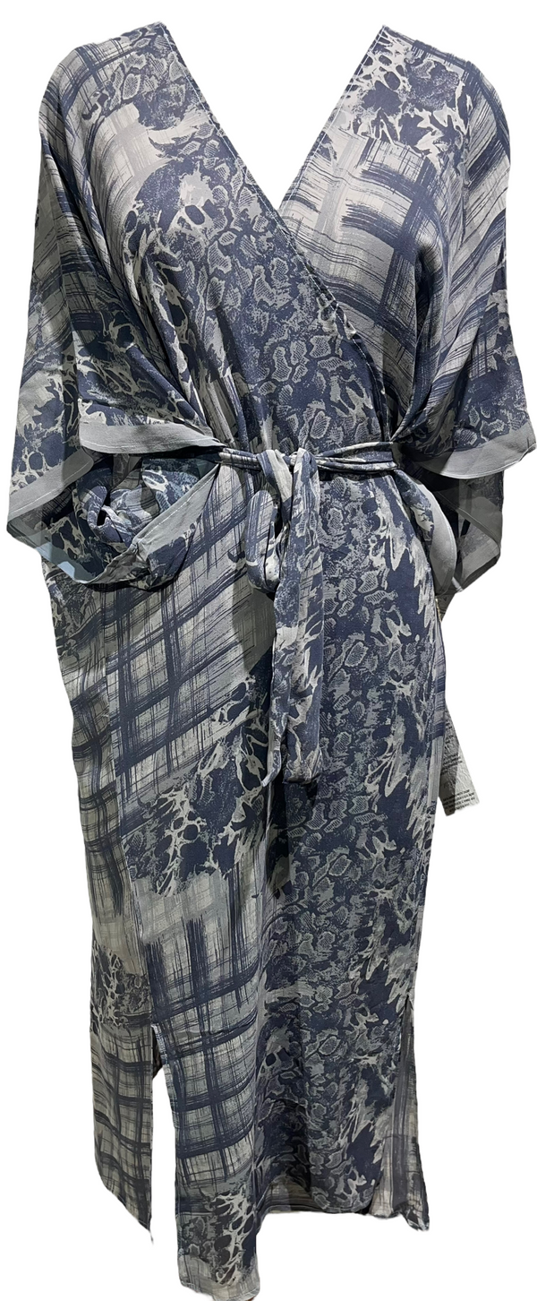 PRG2088 Goldie's Bird-Of-Paradise Sheer Long Pure Silk Kimono-Sleeved Duster with Belt