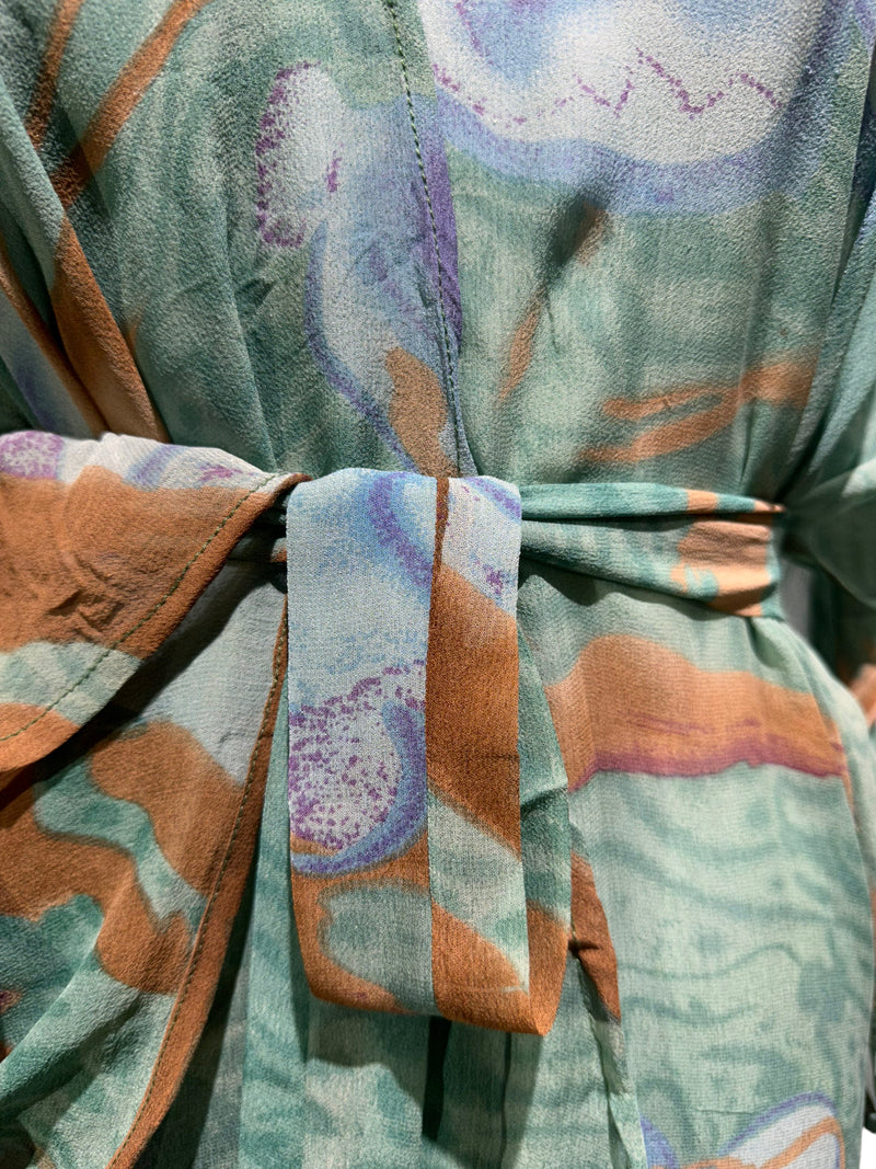 PRG3151 Stephanie Pogue Sheer Long Pure Silk Kimono-Sleeved Duster with Belt